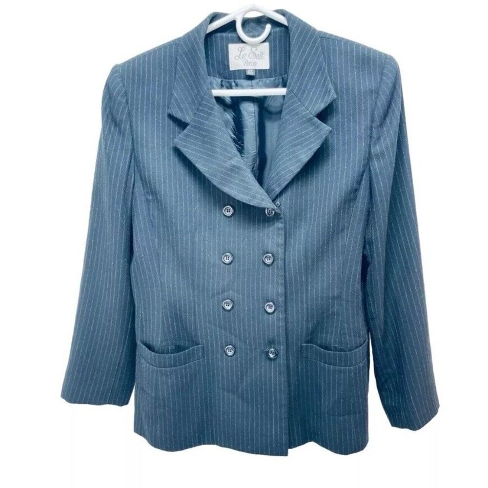 LE SUIT Petite Blazer Jacket Size 14P Women’s Black Striped Blend Front Pockets